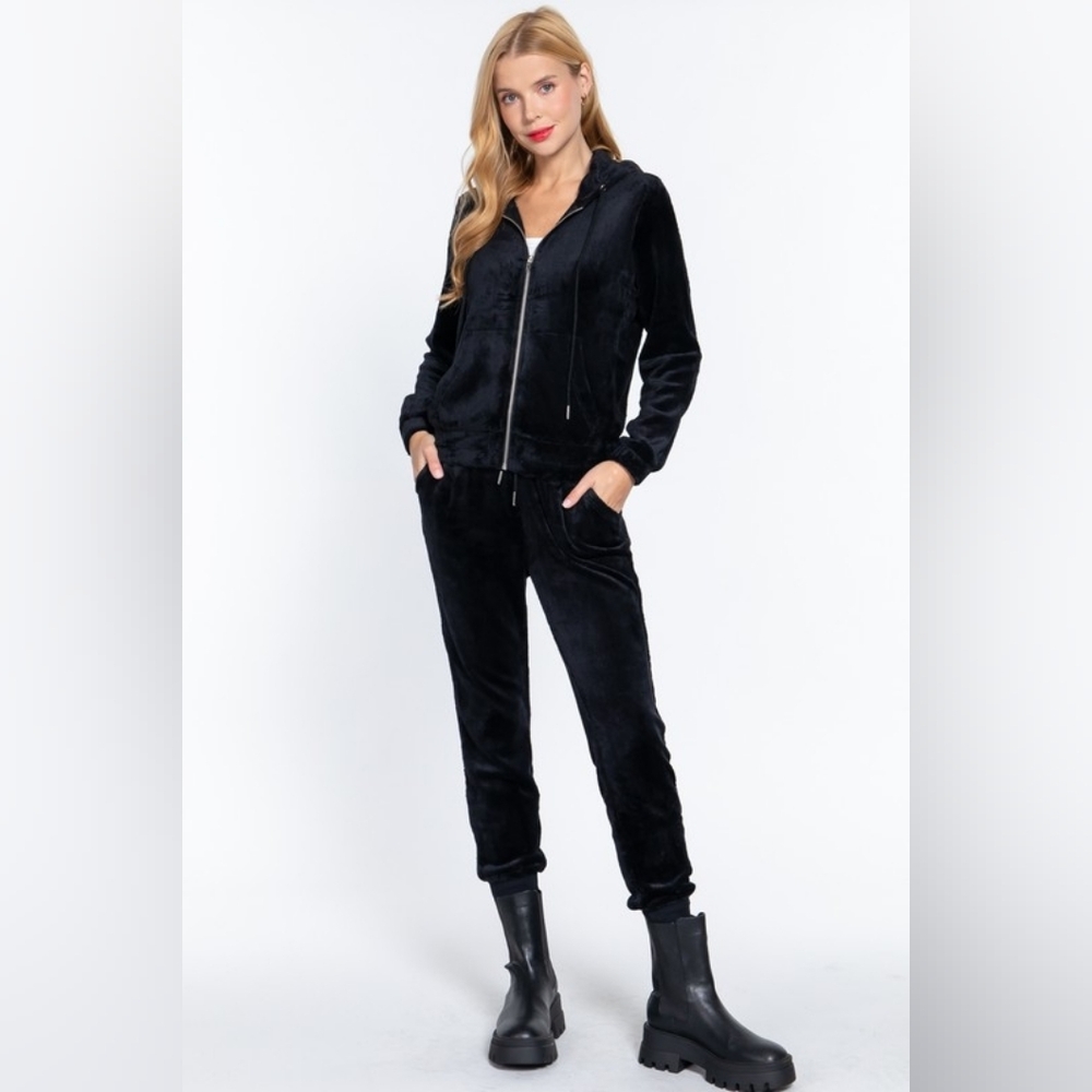 Black Teddy Fur Fleece Y2K Style Tracksuit Set, Hoodie and Jogger Pants